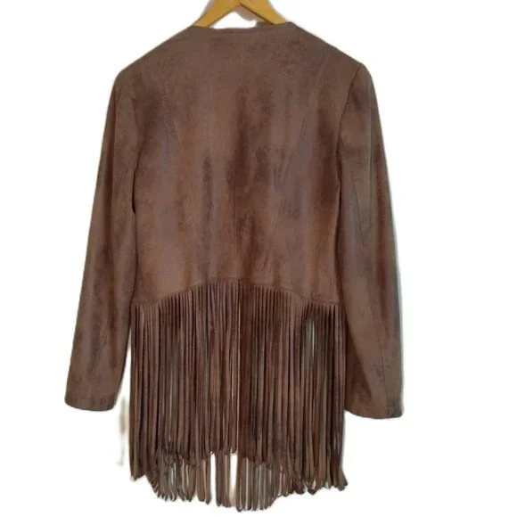 Chicos Jacket Women Size 0/S/4 Brown Faux Suede Fringe Boho Western Festival - Picture 2 of 15